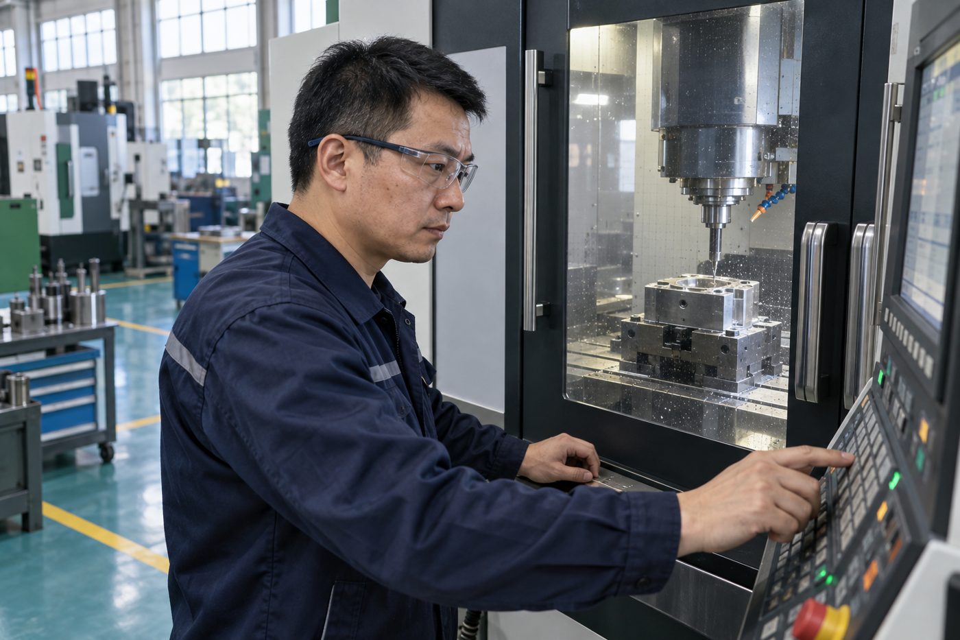 师傅戴护目镜操作 CNC 加工中心
