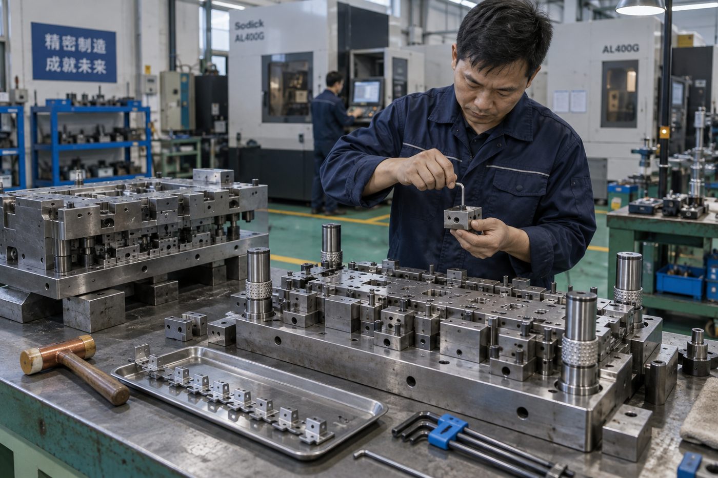 模具钳工在钳工台上装配冲压模具