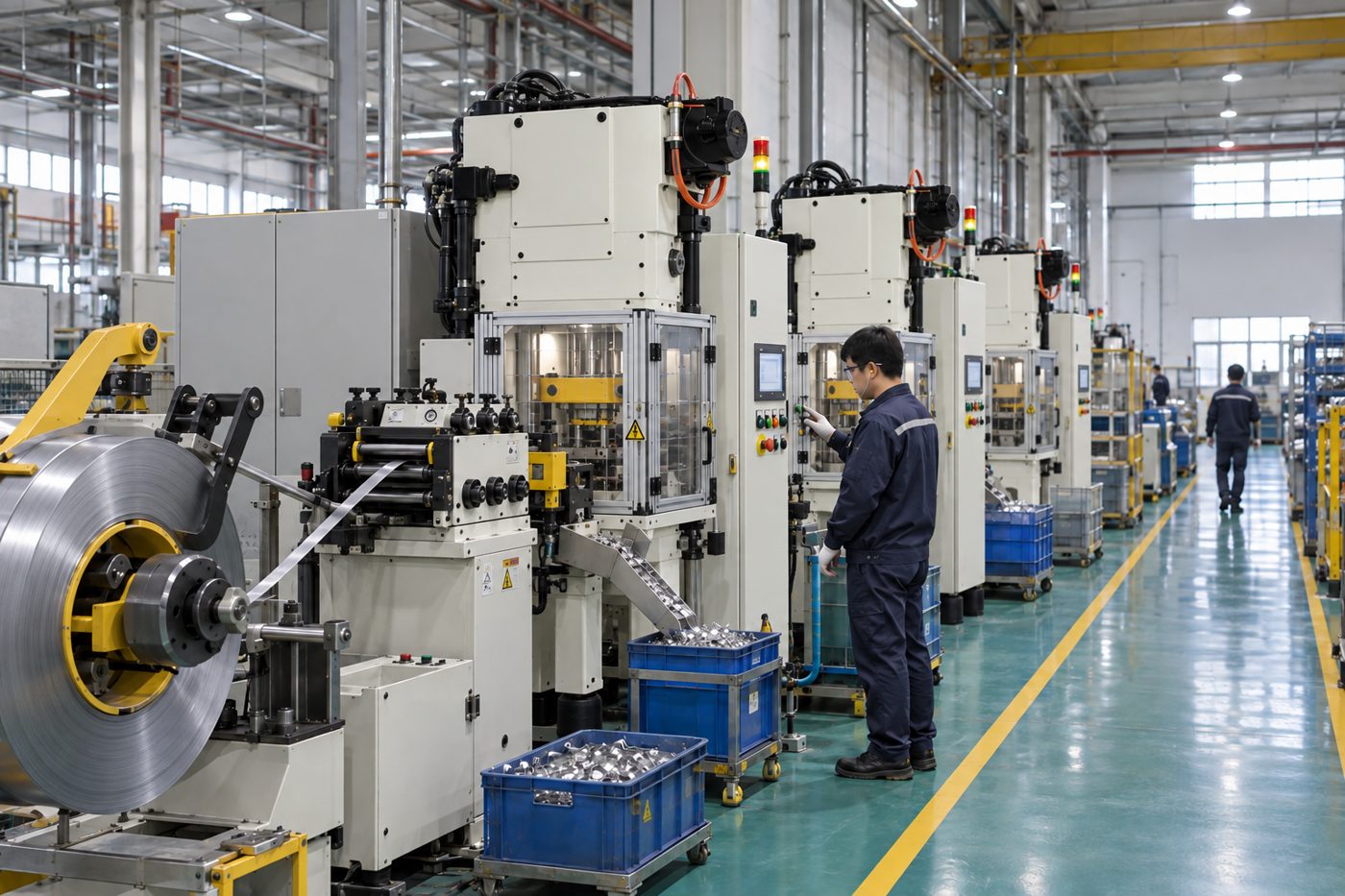五金冲压生产线，师傅在操作冲床
